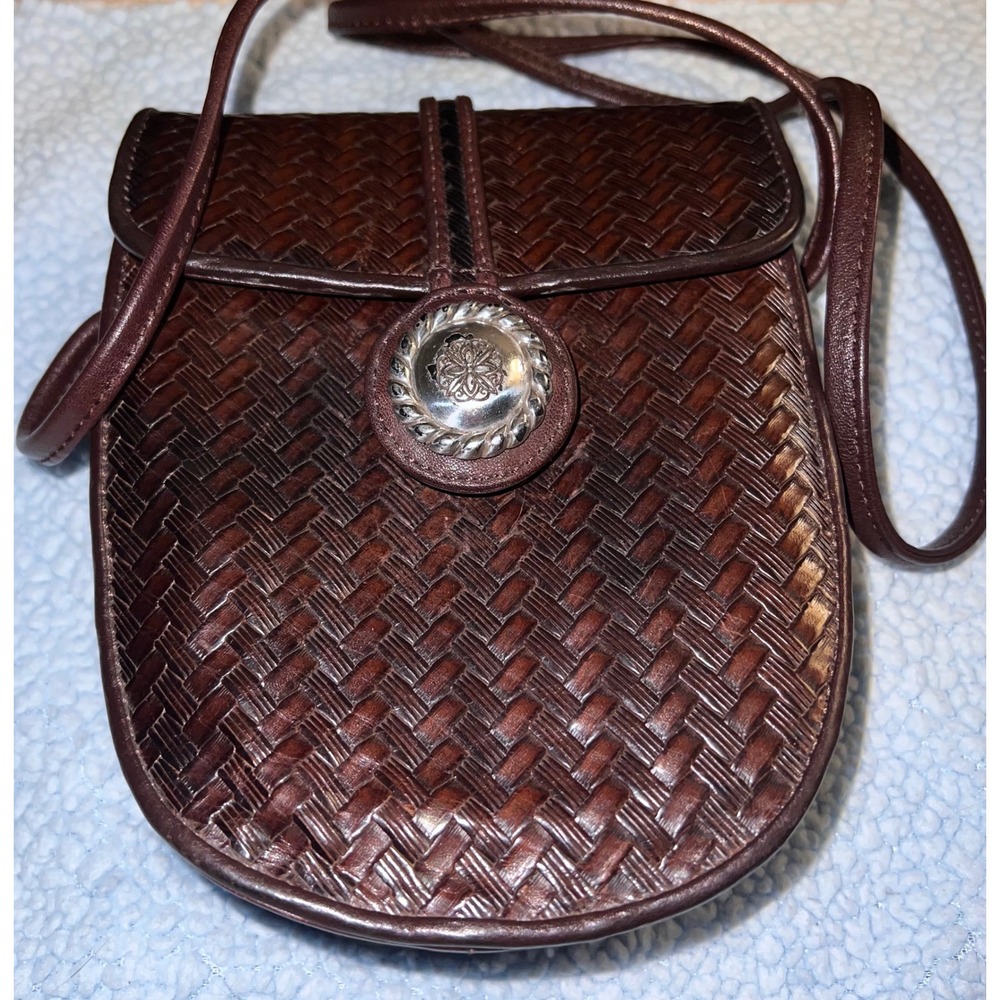 Brighton Woven Brown Leather Crossbody Bag with Silver Concho Medallion